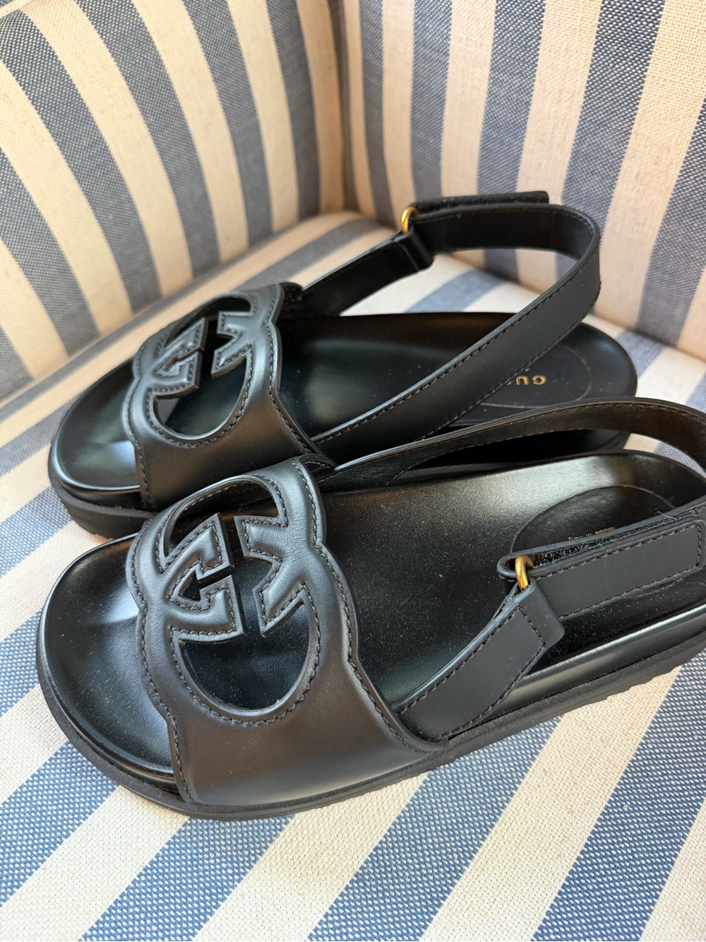 Gucci Black Leather Interlocking G Slingback Sandals